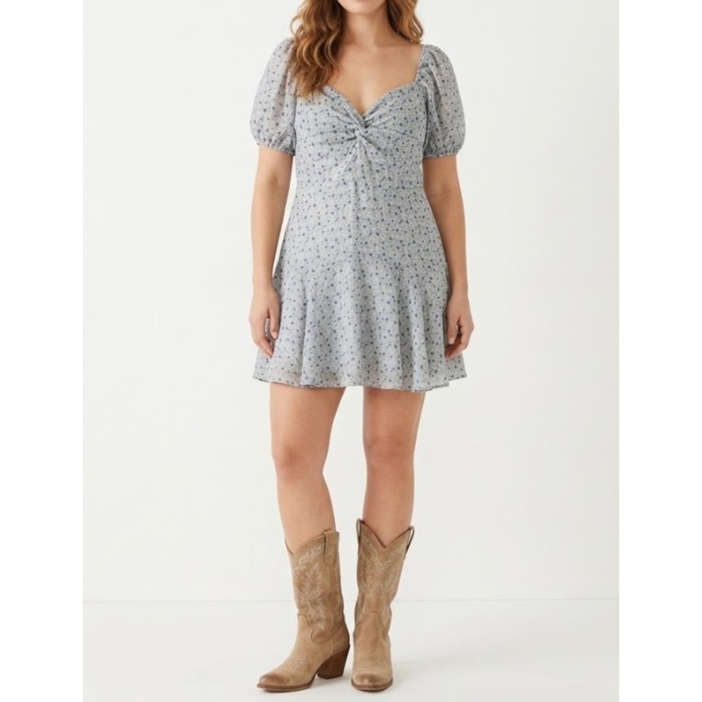 Altar'd State Jayleen Mini Dress Large Blue Floral Puff Sleeve Sweetheart Boho